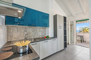 Eine moderne Küche mit blauen Schränken, einem eingebauten Herd und Blick auf eine Terrasse.