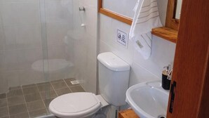 A bathroom with a shower, toilet, sink, and a mirror. - Swallows. Charming suite, swimming pool. Close to everything (Paraty)