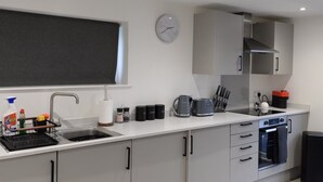 Een moderne keuken met een spoelbak, kookplaat en kastjes.