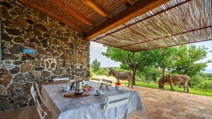 A stone wall, a table with a tablecloth, and two donkeys grazing outside. - La Tanca Del Conte - Suite Banano: Private Pool, Sea View, Nature Retreat (Muravera)