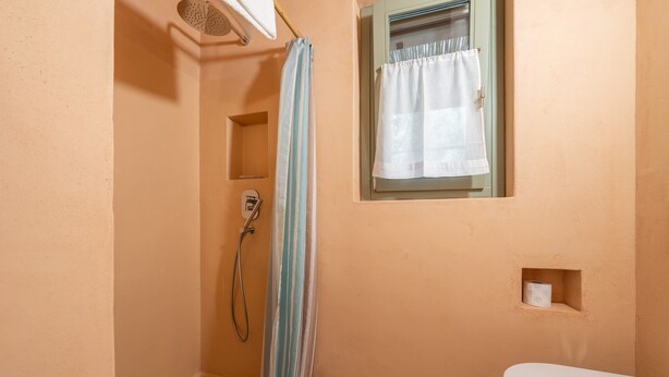 Un baño con ducha, inodoro y un estante pequeño con un rollo de papel higiénico.