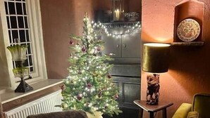 Un salon chaleureux avec un sapin de Noël, une cheminée et un coin repas.