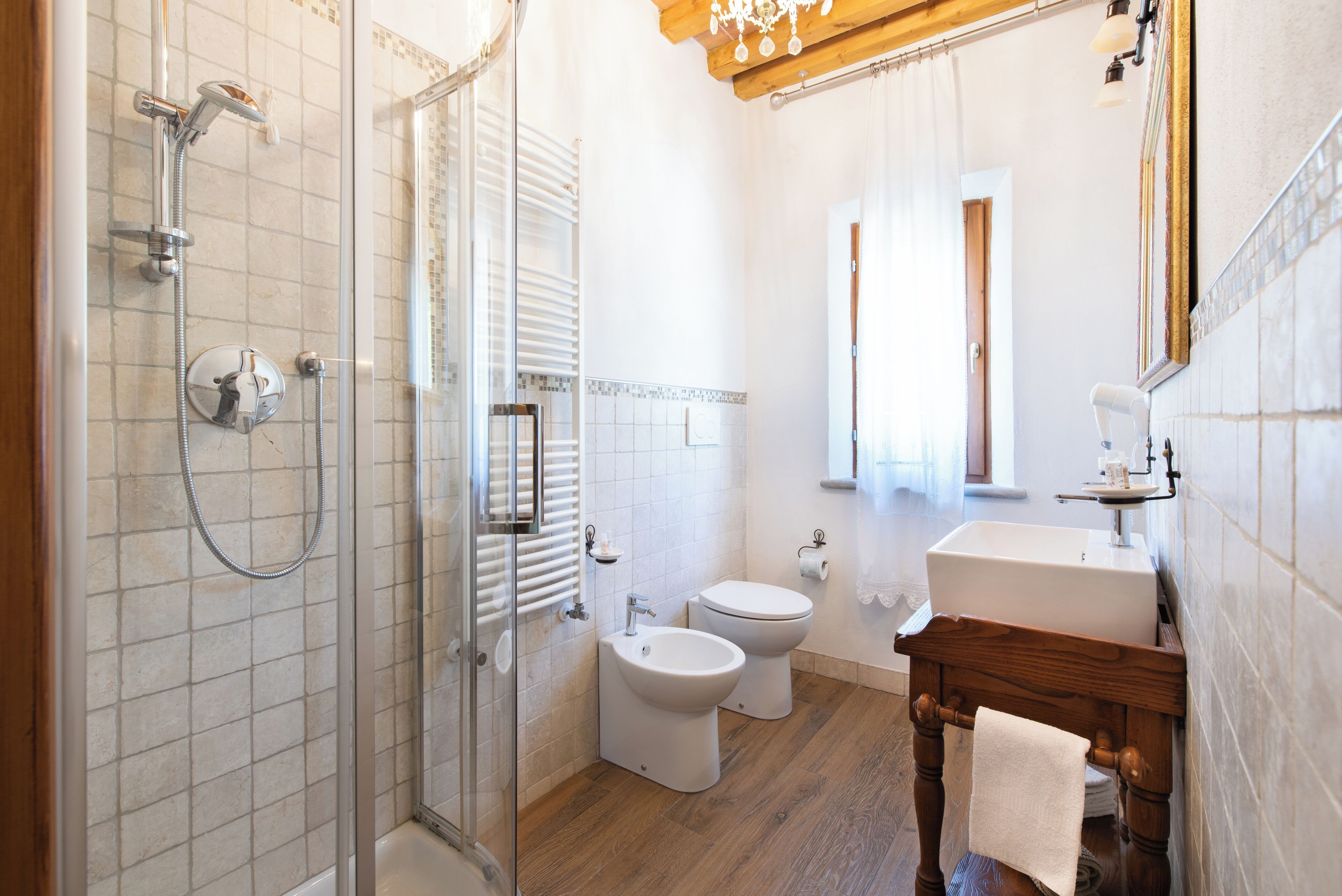Shower, hair dryer, bidet, towels