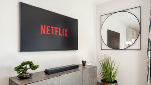 Ein modernes Wohnzimmer mit einem großen, an der Wand befestigten schwarzen Fernseher, der 'NETFLIX' in roten Buchstaben zeigt, einem schlichten Konsolentisch mit einem Bonsai-Baum, einer hohen grünen Pflanze und einem runden Spiegel.