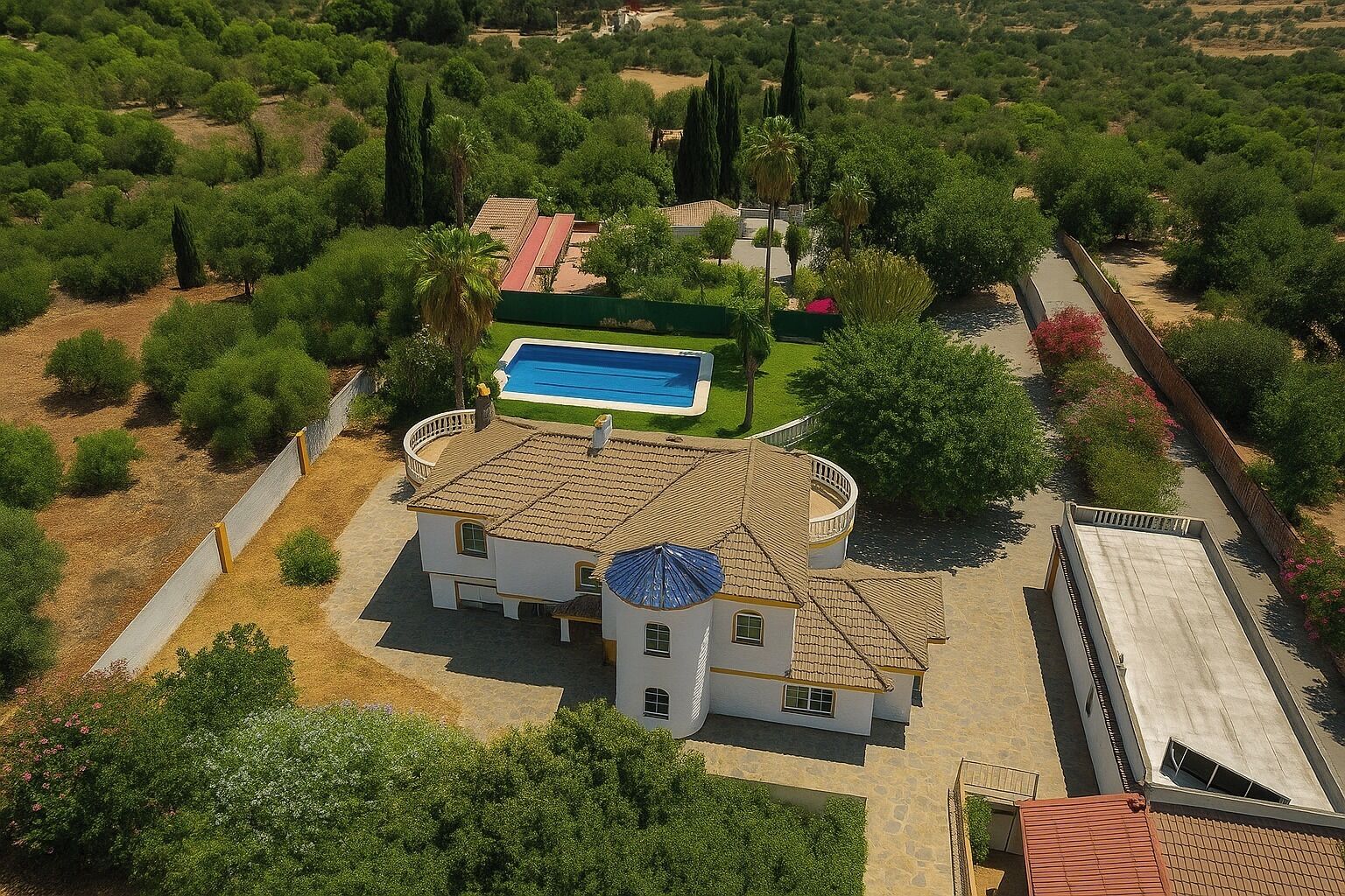 Una casa grande con piscina, rodeada de vegetación y árboles.
