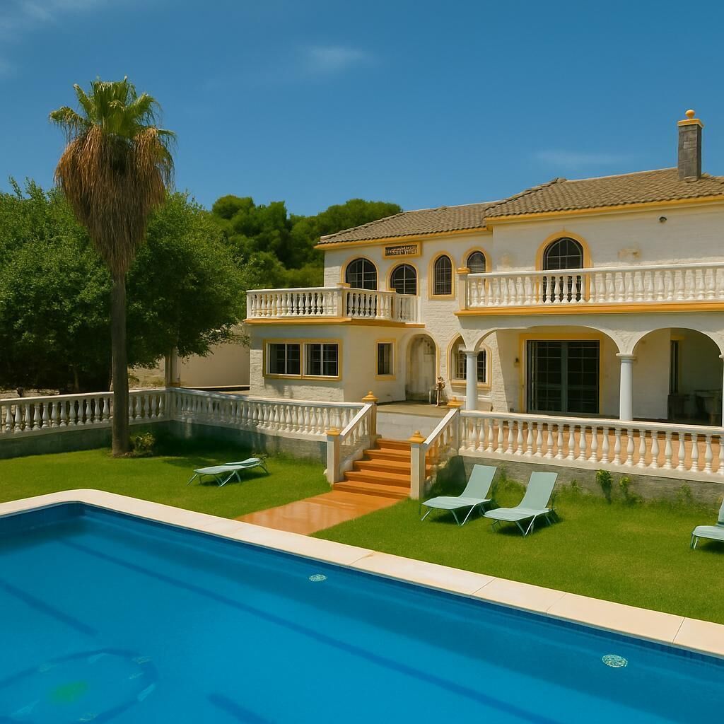 Une maison à deux étages dotée d’une piscine, d’un balcon et d’un escalier menant à l’étage supérieur.