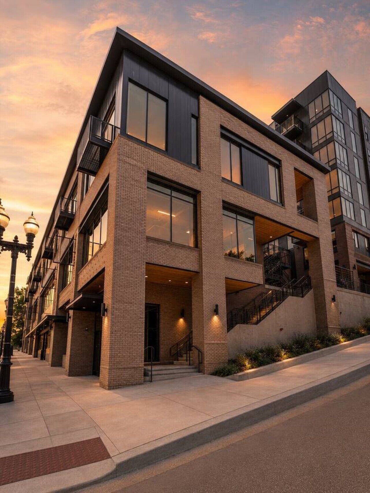 A multi-story building with a brick facade, large windows, and a staircase leading to an upper level.
