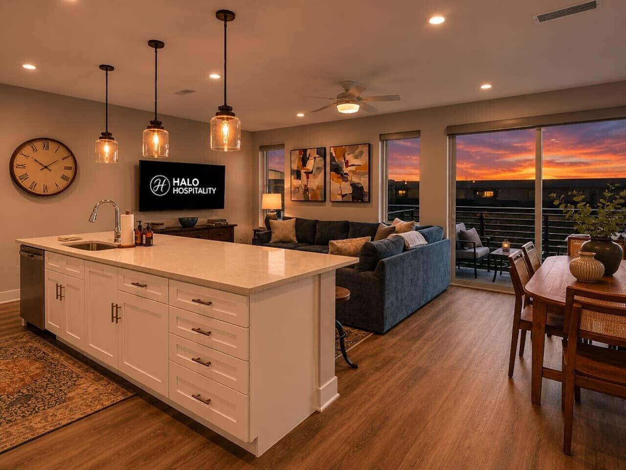 A modern kitchen with a central island, a dining area with a table and chairs, a sofa, and a large window offering a view of the sunset.