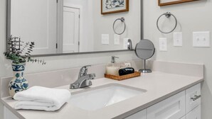 A bathroom with a white sink, a mirror, a vase with plants, and two framed pictures on the wall. - Lone Tree Pass | King + Queen | Balcony + Parking (Knoxville)