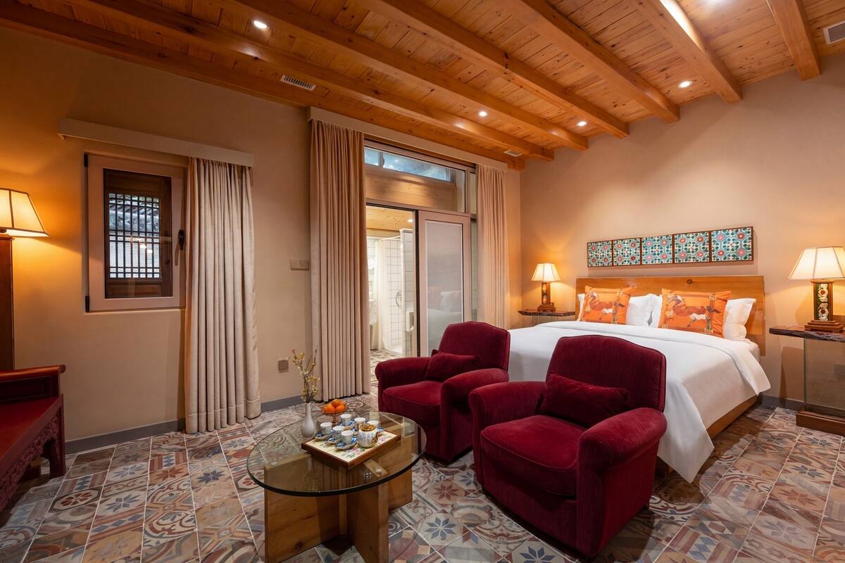Habitación de hotel con una cama, sillas rojas, una mesa de vidrio con bandeja y suelo estampado.