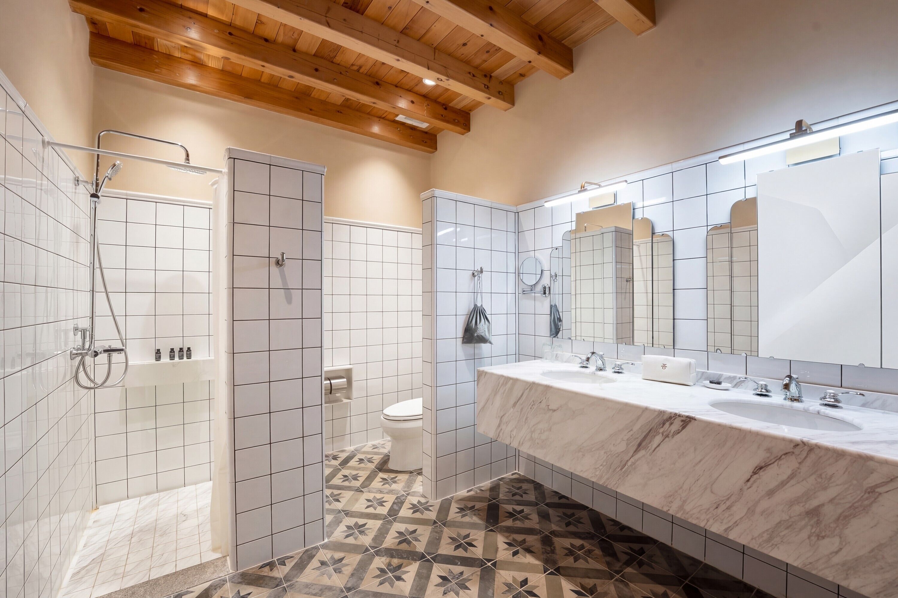 A bathroom with a shower, toilet, and a large mirror.