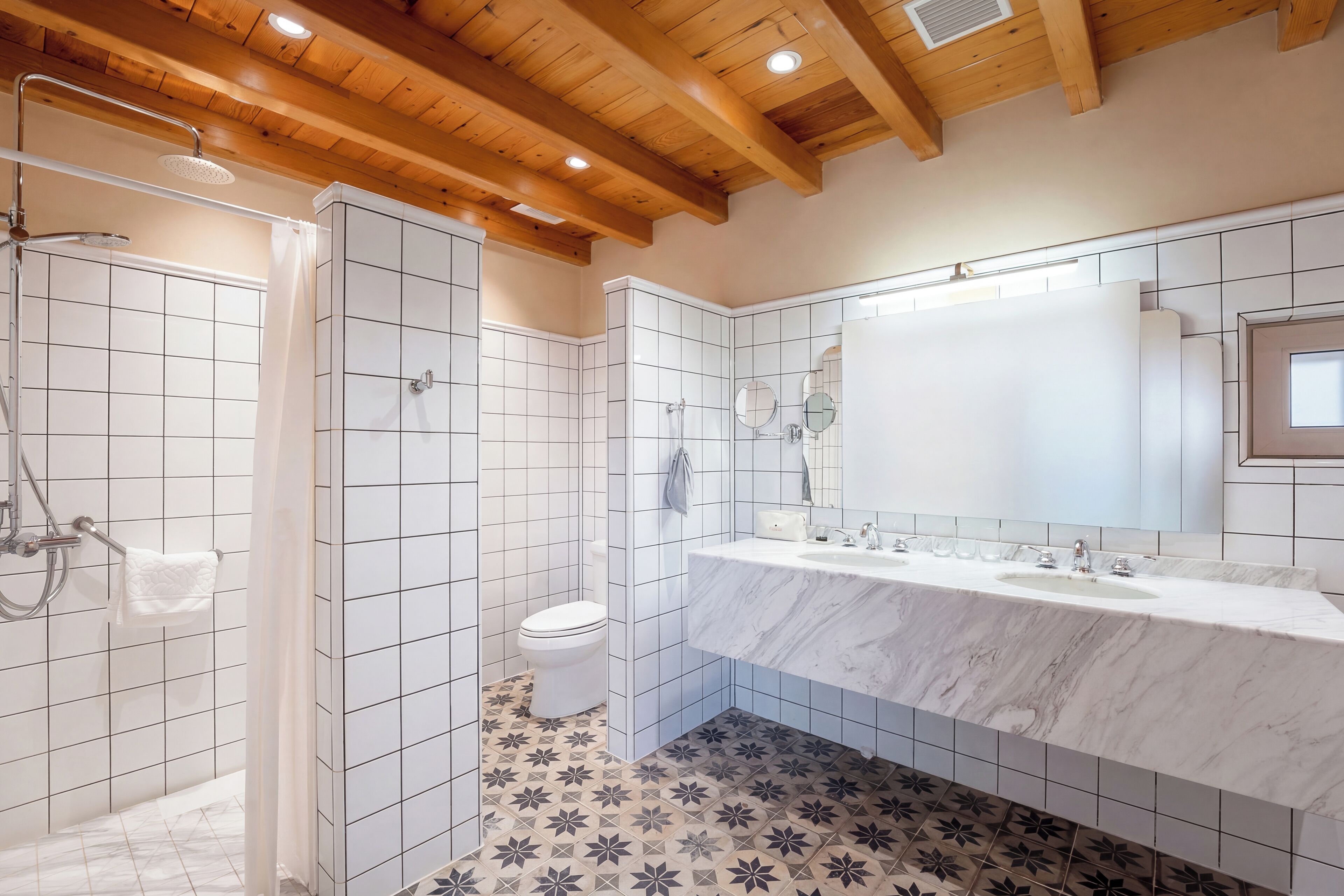 A bathroom with a shower, toilet, and a large vanity with a mirror.