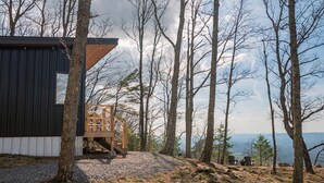 Eine moderne Holzhütte mit einer Holzdiele und Blick auf den umliegenden Wald und die ferne Landschaft.