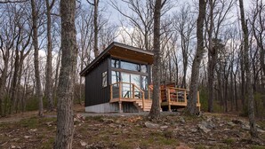 Eine Holzhütte mit einer Holzterrasse, großen Fenstern und einem Wald im Hintergrund.