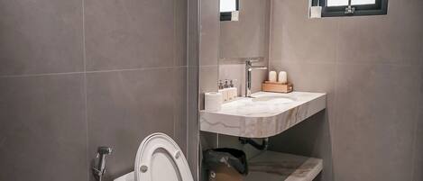 Regadera, secadora de cabello, bidet, toallas