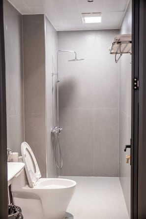 Douche, sĂšche-cheveux, bidet, serviettes fournies