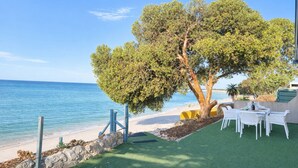 Une terrasse en bord de mer avec une table et des chaises, un arbre et une vue sur l’océan.