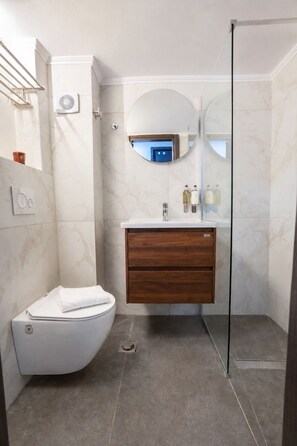 Douche, sèche-cheveux, serviettes fournies, savon