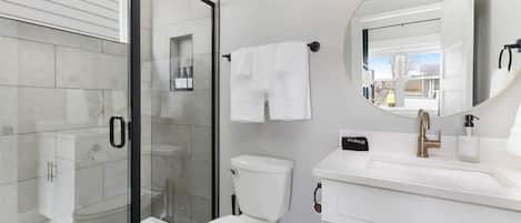 Shower, hair dryer, shampoo
