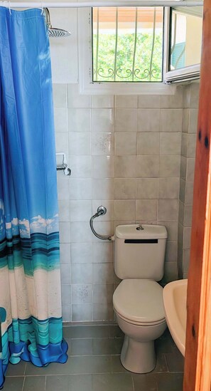 Suihku, hiustenkuivaaja, pyyhkeet, sampoo