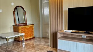 Una sala de estar moderna con un sofá, un televisor, un mueble de madera y un espejo.