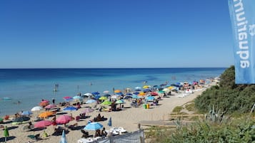 A beach with numerous colorful umbrellas, people sunbathing, and a clear blue sky.