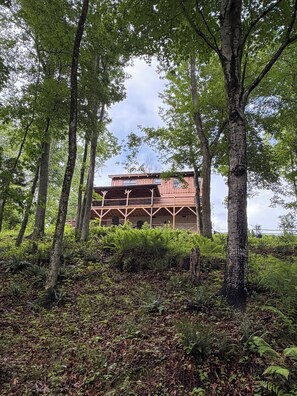 A rustic wooden cabin surrounded by tall trees and dense foliage. - Thistle Ridge Mountain & River Retreat- 12 acres, hot tub, EV charger, fire pits (Lansing)
