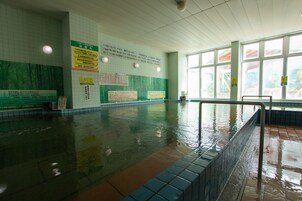 Una piscina interior con paredes de azulejos y una vista despejada al exterior gracias a amplias ventanas.