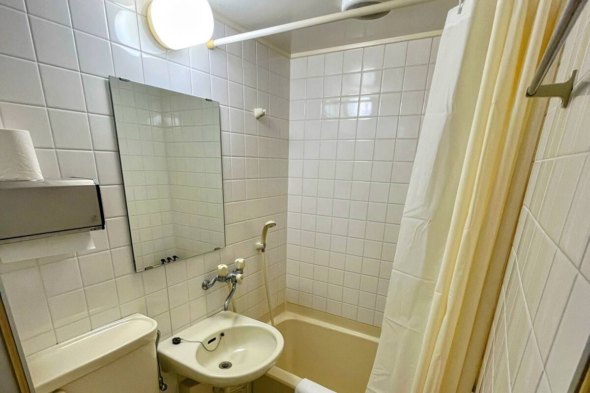 A bathroom with a toilet, sink, mirror, and shower curtain.