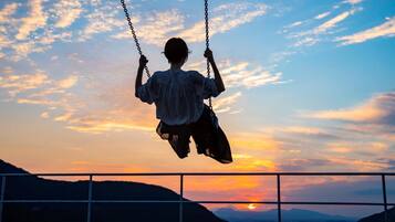 A silhouette of a person on a swing with a sunset in the background.