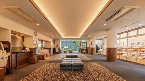 Hall dell'hotel con reception, area relax e vista sull'esterno.