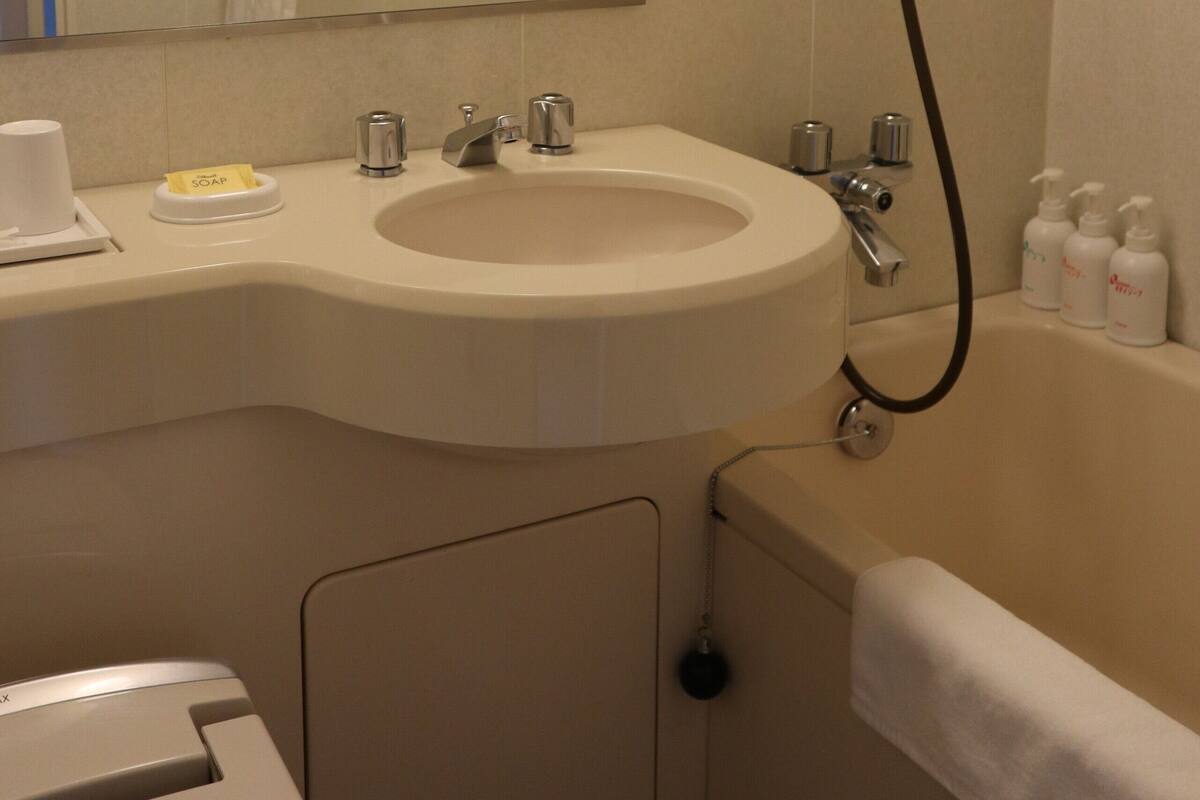 Une salle de bain équipée d’un lavabo, d’un miroir, d’une douche et d’un porte-serviettes.