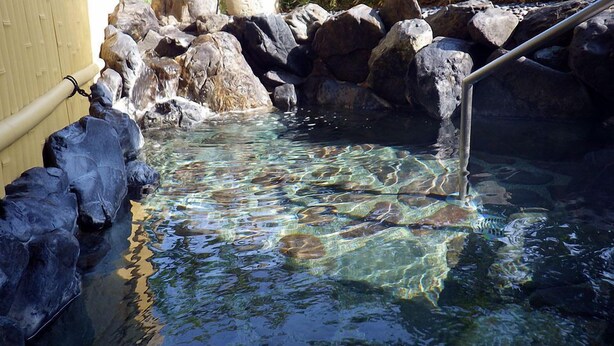 A clear pool with rocks and a metal railing. - Yao Yume no Mori Yuyukan (Toyama)