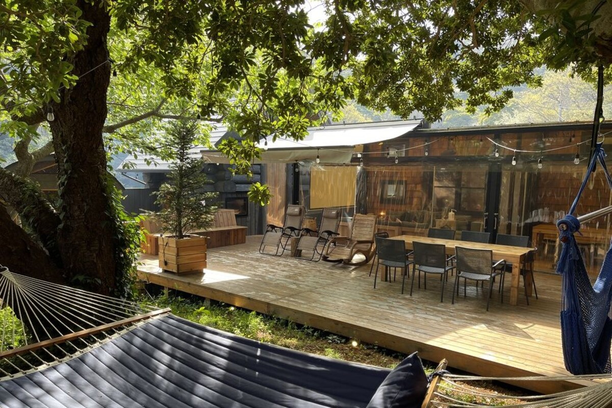 En træterrasse med udendørs møbler, en hængekøje og en potteplante.