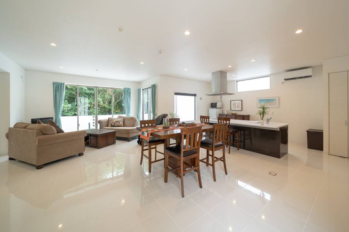 A spacious living area with a dining table, chairs, a sofa, and a kitchen area with a countertop and cabinets.