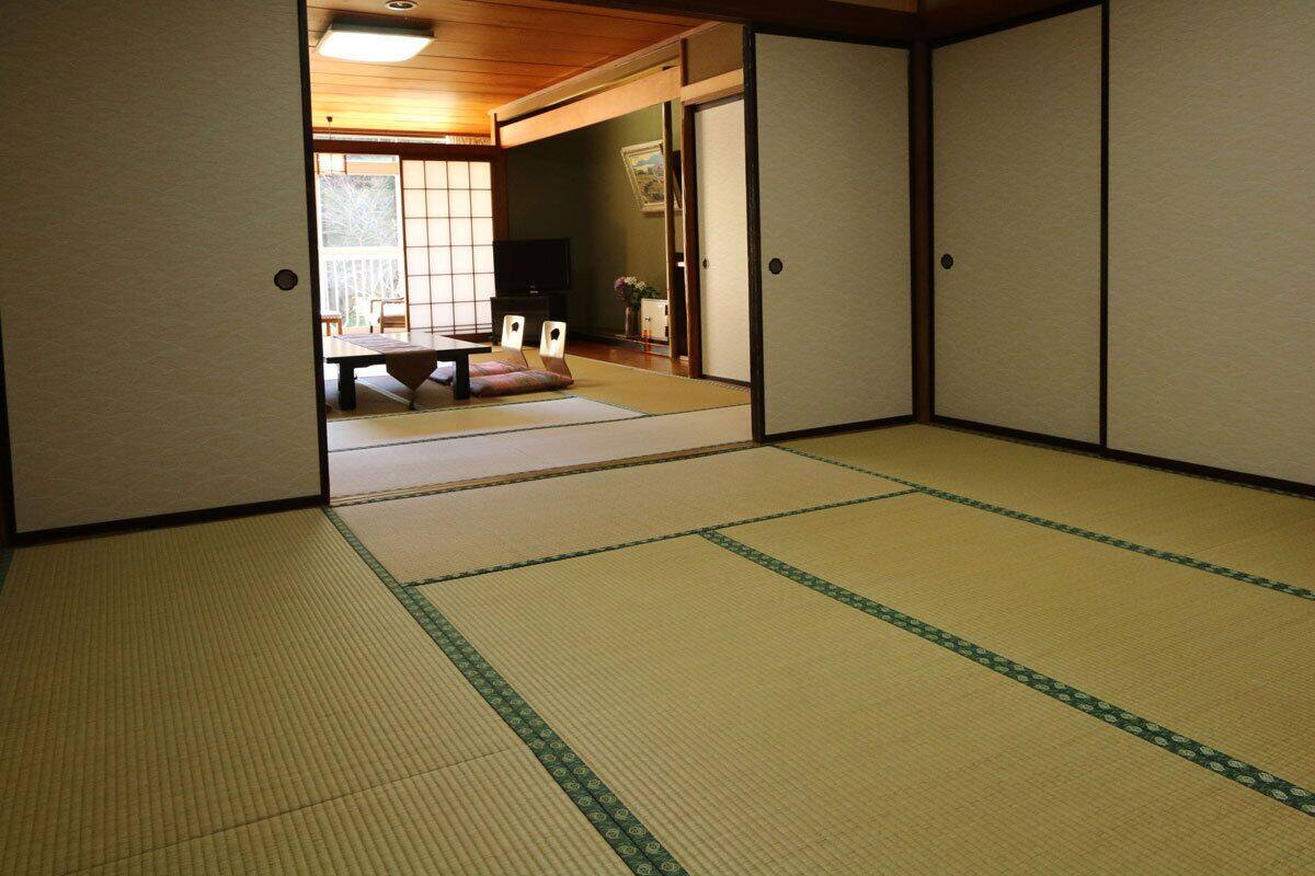 A tatami mat room with sliding doors, a television, and a table with cushions.