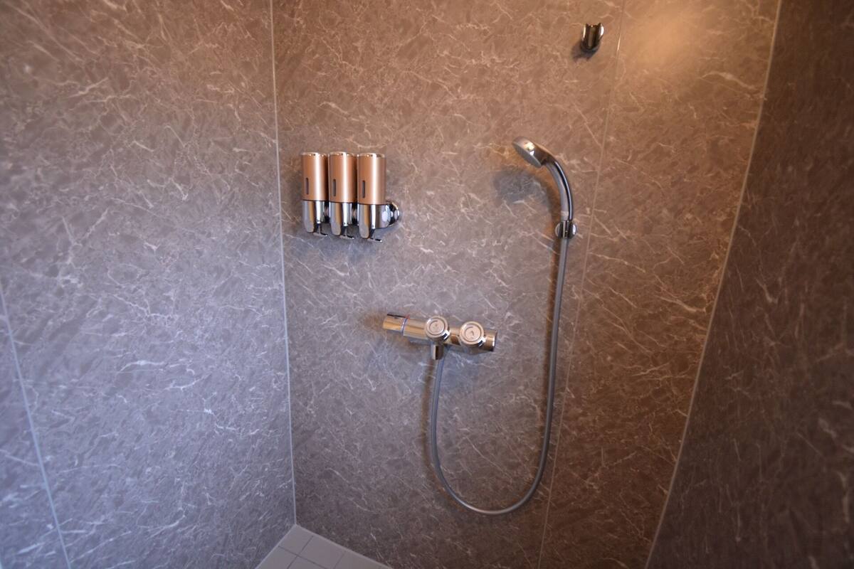 Een douche met een handdouche en bediening aan de muur.