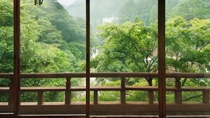 Una habitación con amplios ventanales que ofrecen vistas de un paisaje verde exuberante y una cascada.