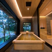 Un spa moderno con un jacuzzi rectangular grande, techo de madera y ventanas amplias que dan a un paisaje de árboles.
