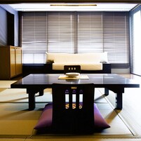 A modern interior with a sofa, a dining table, and a chair.