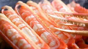 A close-up of a crab with its shell partially open, revealing the meat inside.