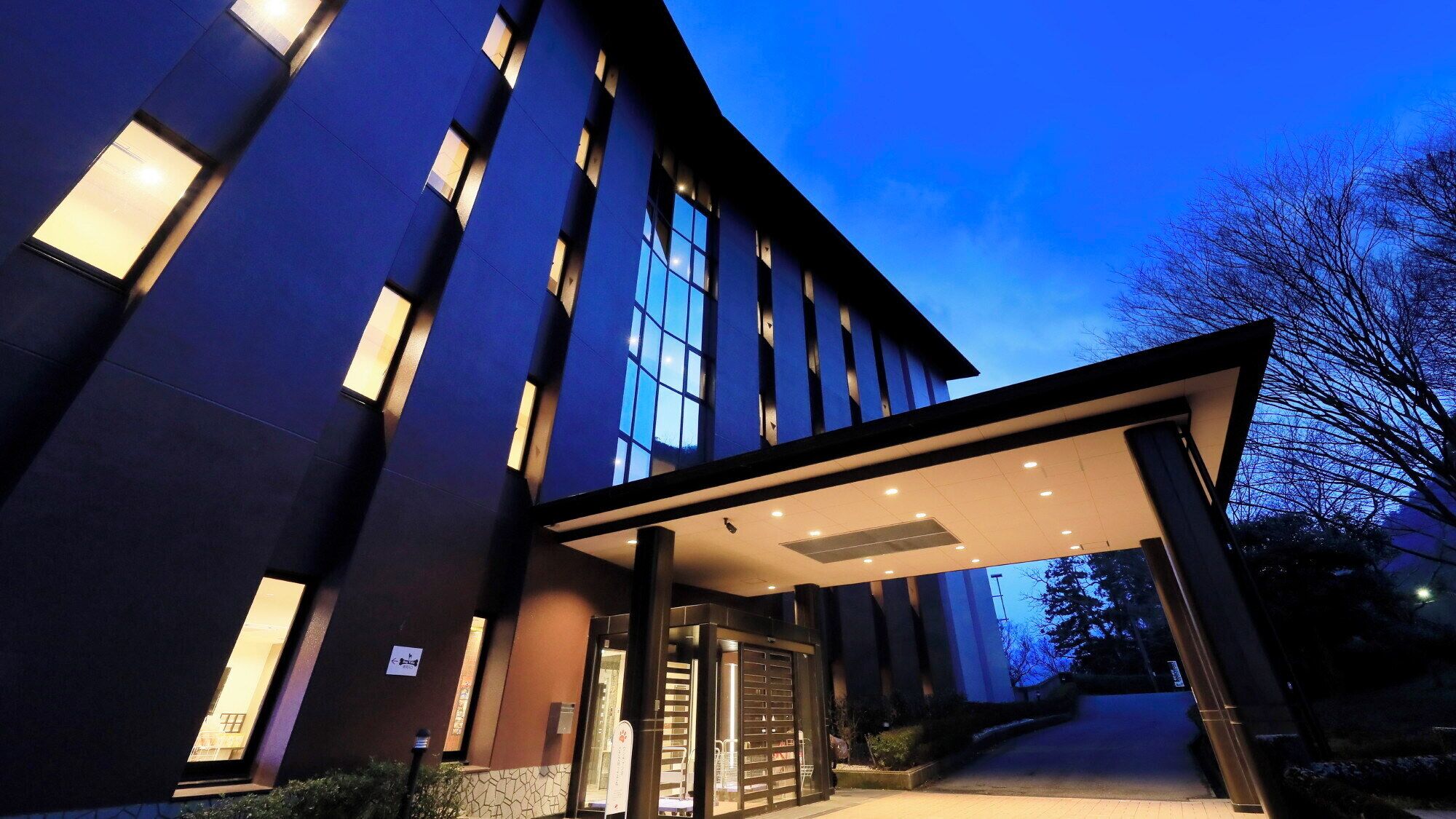 A modern hotel entrance with a covered walkway, large windows, and a well-lit facade.