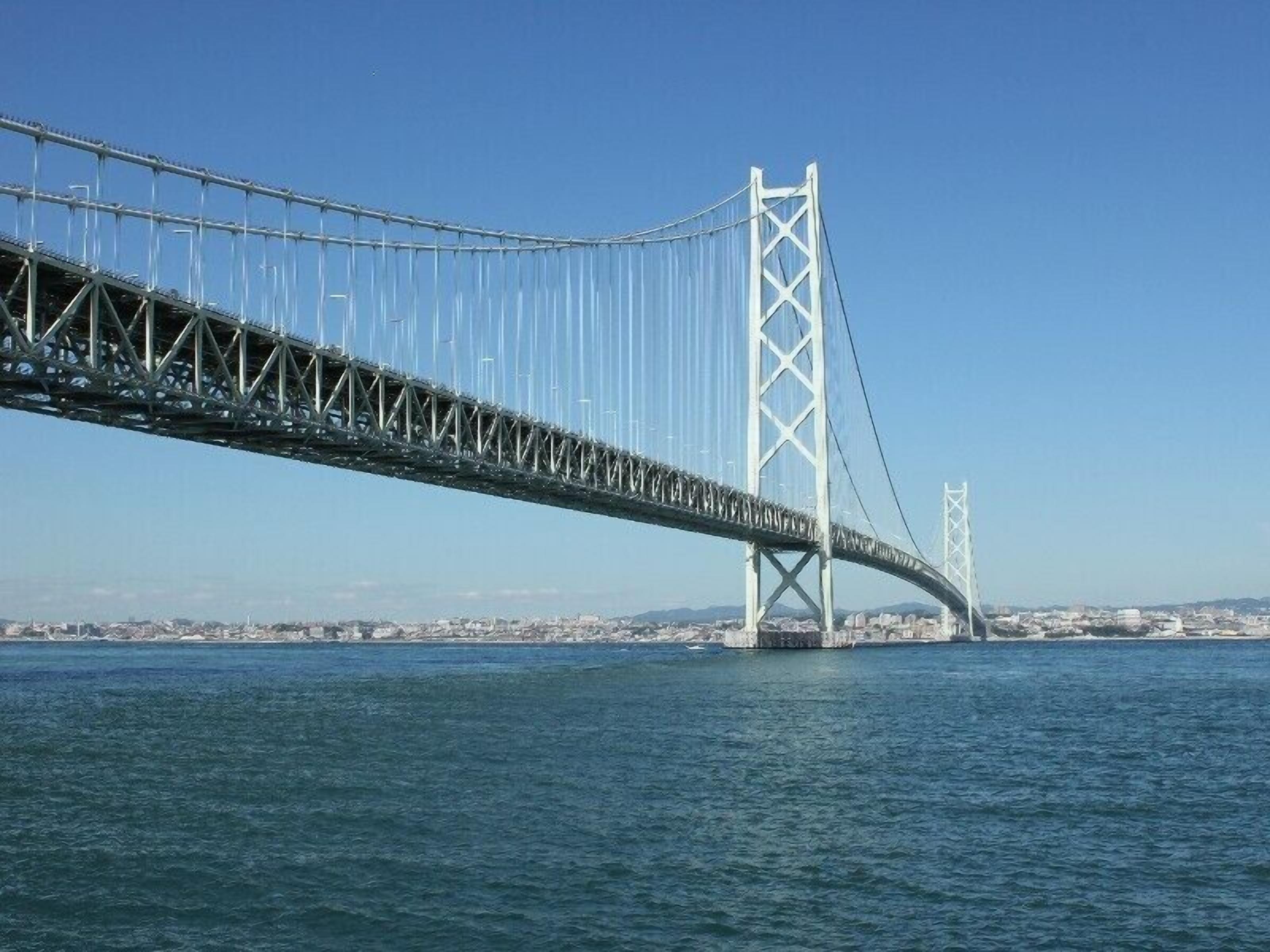 A large suspension bridge spanning a body of water with a cityscape in the background.