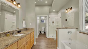 Shower, hair dryer, towels, shampoo