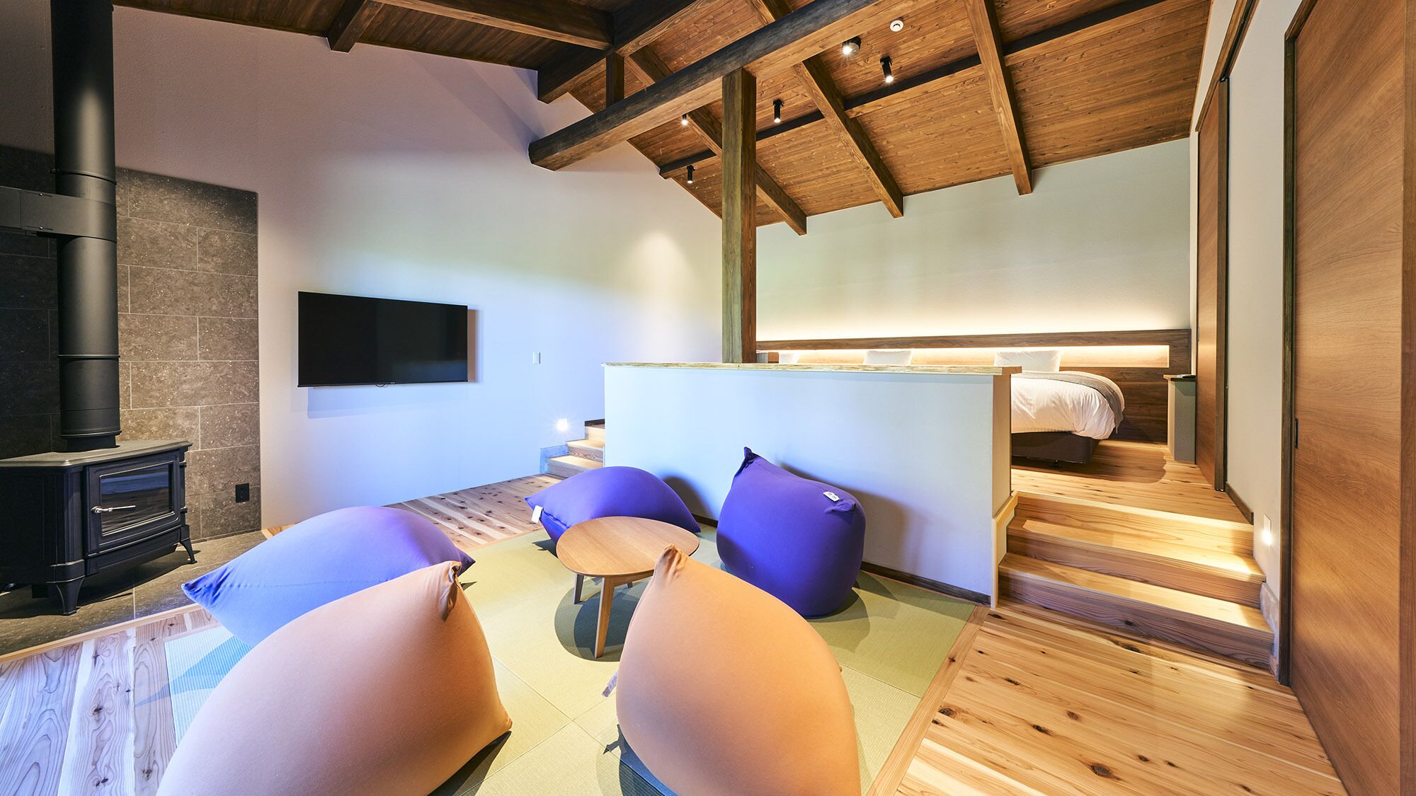 Un interior moderno con chimenea, una cama y un televisor.