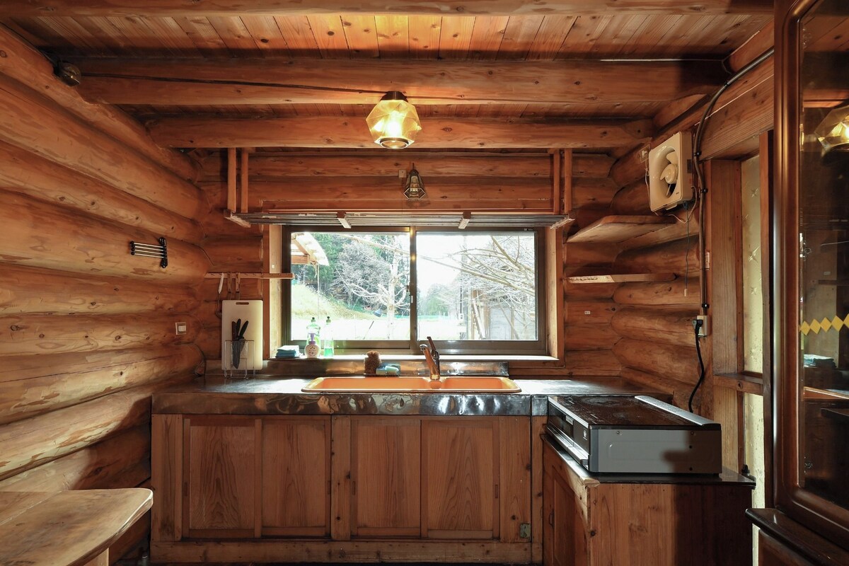 Ein Interieur einer Holzhütte mit Küchenzeile, einschließlich Spüle, Schränken und Herd.