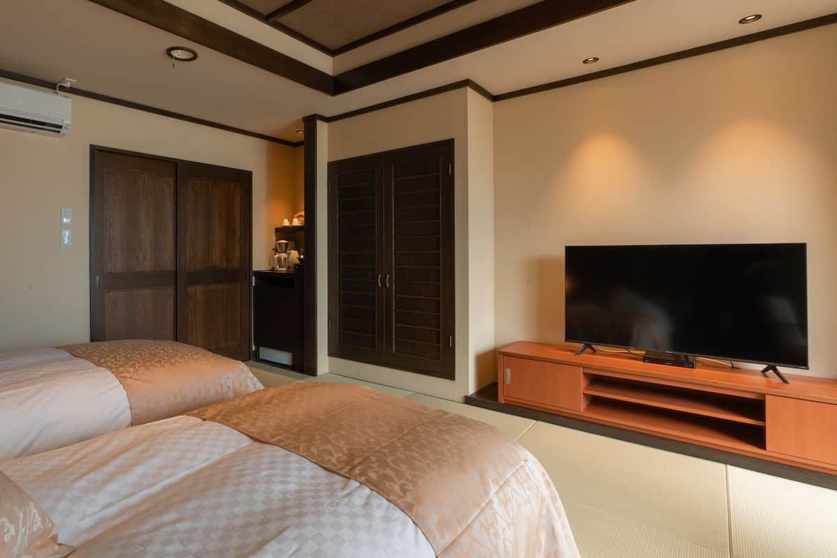 Quarto de hotel com duas camas, televisão, guarda-roupa e porta deslizante.