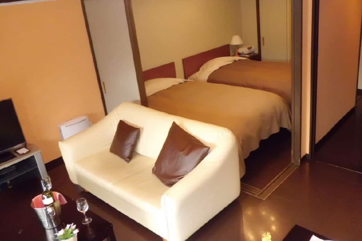 Une chambre d’hôtel avec un lit simple, un canapé, une télévision et un mini-bar.