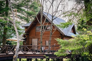 A log cabin with a deck, surrounded by trees.