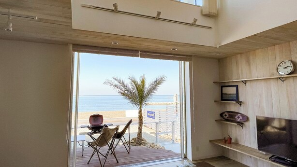 Quarto com vista para o mar, uma pequena palmeira, churrasqueira e uma TV na parede.